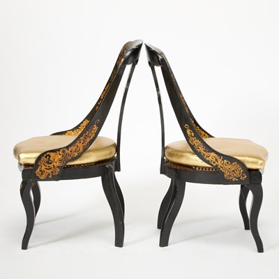 Lot 156 - Pair of Victorian Mother-of-Pearl Inlaid Gilt and Black Lacquer Side Chairs