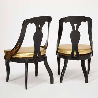Lot 156 - Pair of Victorian Mother-of-Pearl Inlaid Gilt and Black Lacquer Side Chairs