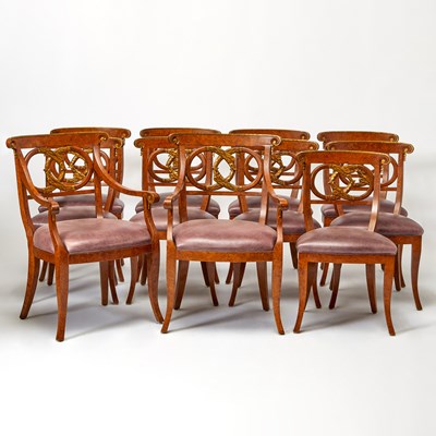 Lot Set of Twelve Russian Neoclassical Style Parcel Gilt Karelian, Birchwood Dining Chairs