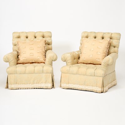 Lot 188 - Pair of Silk Upholstered Tufted Club Chairs`