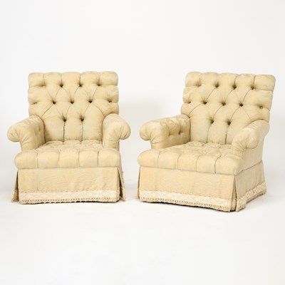 Lot 188 - Pair of Silk Upholstered Tufted Club Chairs`