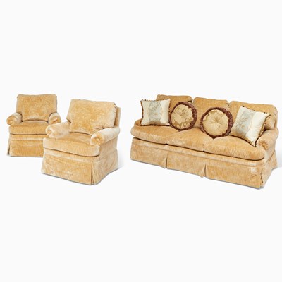 Lot 222 - Pair of Velvet Upholstered Club Chairs and a Three-Seat Velvet Upholstered Sofa