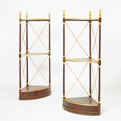Lot 273 - Pair of Neoclassical-Style Parcel Gilt Faux Rosewood Corner Etageres