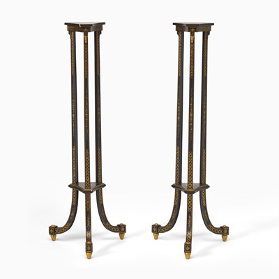 Lot 466 - Pair of Regency Style Parcel-Gilt and Ebonized Candle Stands