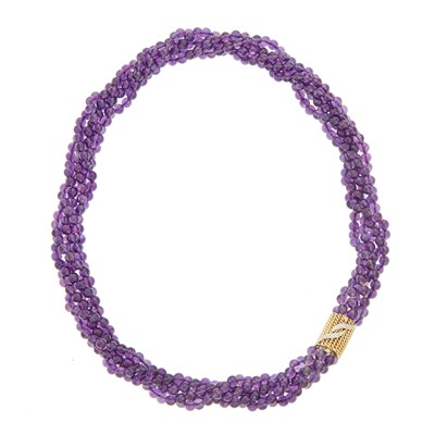 Lot 1199 - Multistrand Amethyst Bead Torsade Necklace with Two-Color Gold and Diamond Clasp