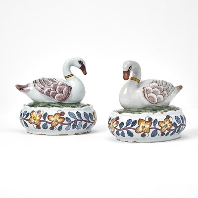 Lot Pair of Dutch Delft Swan Butter Boxes and Covers