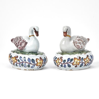 Lot 332 - Pair of Dutch Delft Swan Butter Boxes and Covers