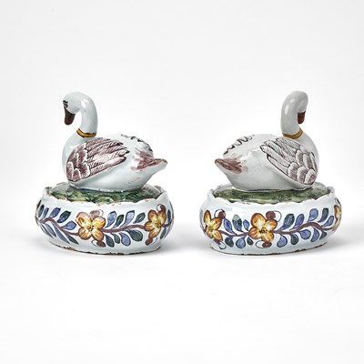 Lot 332 - Pair of Dutch Delft Swan Butter Boxes and Covers