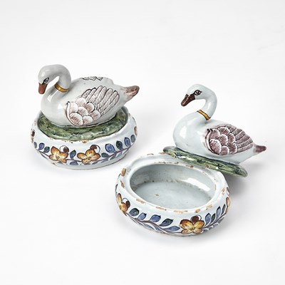 Lot 332 - Pair of Dutch Delft Swan Butter Boxes and Covers