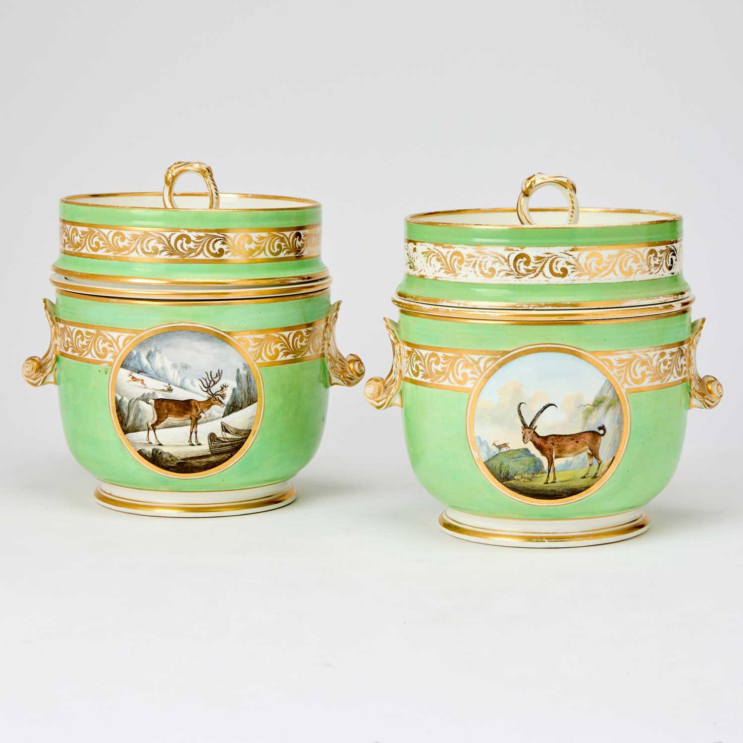 Lot 390 - Pair of Derby Apple-Green Ground Ice Pails, Covers and Liners