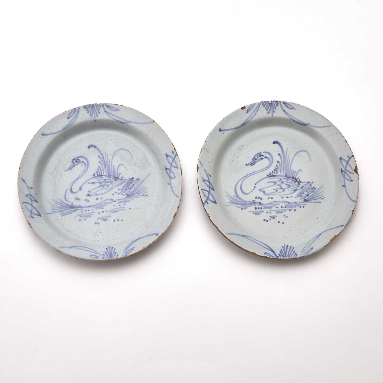 Lot 366 - Two English Delftware Swan Plates