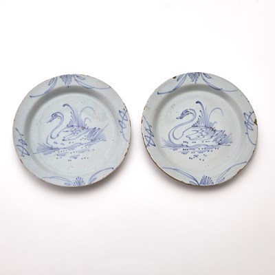 Lot 366 - Two English Delftware Swan Plates