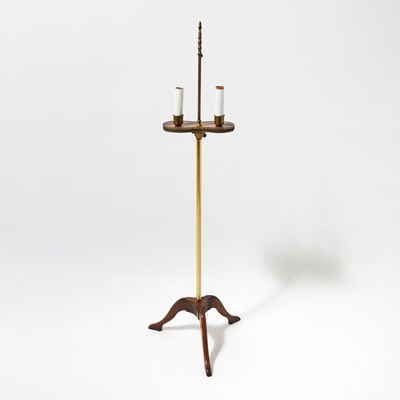 Lot 270 - Regency Style Oak and Brass Two-Light Floor Lamp