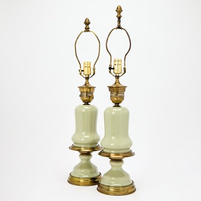 Lot 296 - Pair of Victorian Style Brass Mounted Celadon Porcelain Table Lamps
