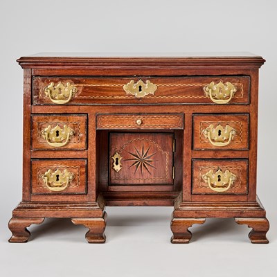 Lot 395 - George III Style Diminutive Fruitwood Parquetry Inlaid Mahogany Kneehole Desk