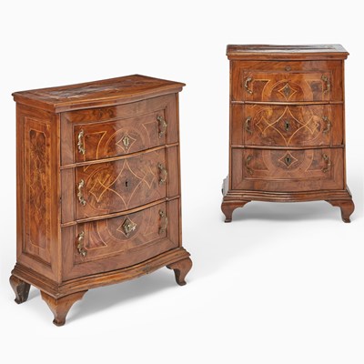 Lot 389 - Pair of North Italian Rococo Satinwood Inlaid Walnut Chest of Drawers