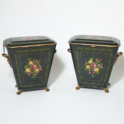 Lot 268 - Pair of Regency Style Polychrome Painted Tole Coal Scuttles