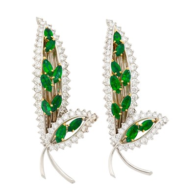 Lot 1085 - Hammerman Brothers Pair of Platinum, Gold, Emerald and Diamond Leaf Barrettes