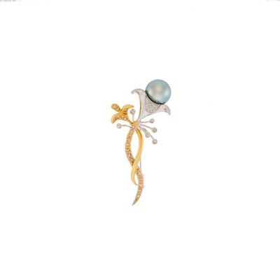 Lot 2165 - Two-Color Gold, Tahitian Gray Cultured Pearl and Diamond Flower Brooch