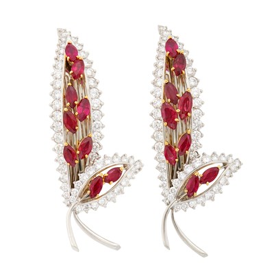 Lot 1102 - Hammerman Brothers Pair of Platinum, Gold, Ruby and Diamond Leaf Barrettes