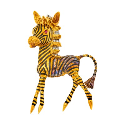 Lot 1185 - Frascarolo Two-Color Gold, Black Enamel and Diamond Zebra Foal Clip-Brooch