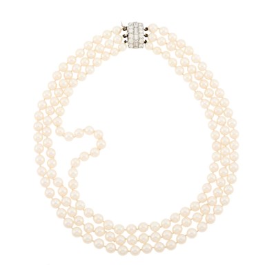 Lot 2115 - Triple Strand Cultured Pearl Necklace with Platinum and Diamond Clasp