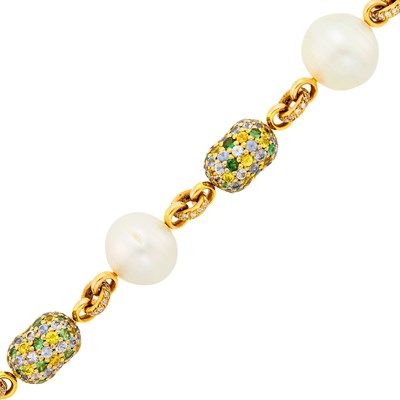 Lot 1030 - Gold, Semi-Baroque South Sea Cultured Pearl and Gem-Set Bracelet with Toggle Clasp