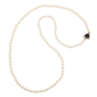 Lot 2128 - Long Cultured Pearl Necklace with White Gold, Sapphire and Diamond Clasp