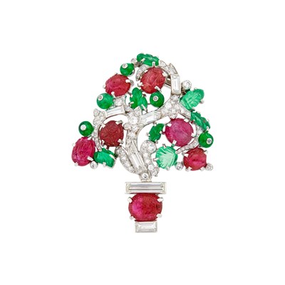 Lot 229 - Platinum, Carved Colored Stone, Colored Stone and Diamond Potted Tree Clip-Brooch