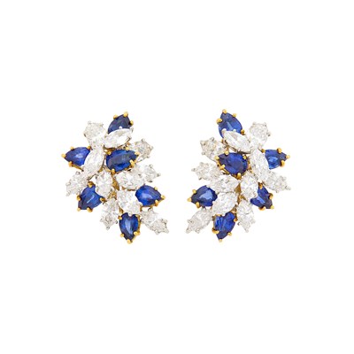 Lot 256 - Hammerman Brothers Pair of Platinum, Gold, Sapphire and Diamond Cluster Earclips