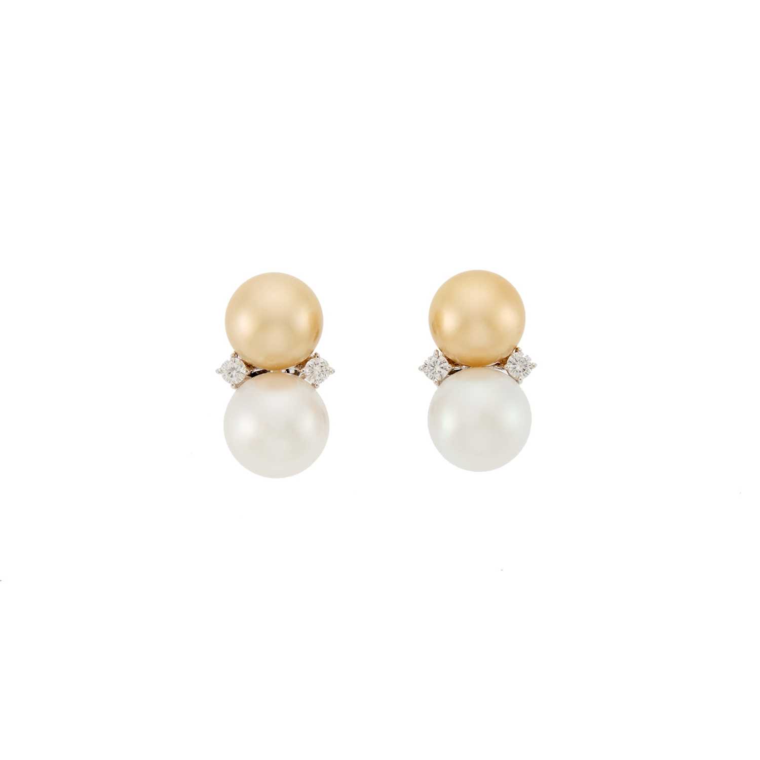 Lot 2315 - Pair of White Gold, Platinum, Golden Cultured Pearl, Cultured Pearl and Diamond Earclips