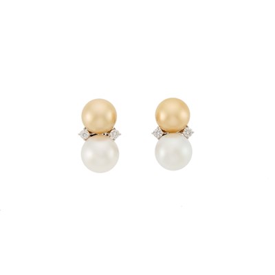 Lot 2315 - Pair of White Gold, Platinum, Golden Cultured Pearl, Cultured Pearl and Diamond Earclips
