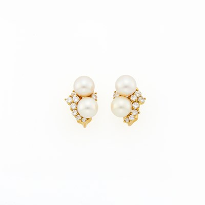 Lot 2112 - Pair of Gold, Cultured Pearl and Diamond Cluster Earclips