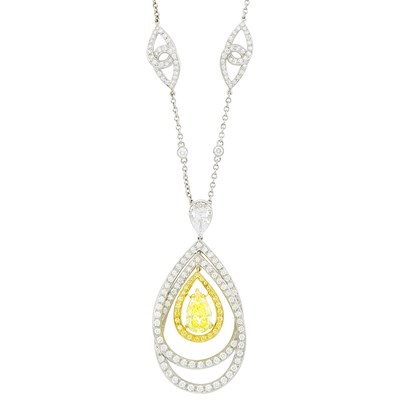 Lot 109 - Platinum, Gold, Fancy Intense Yellow Diamond, Colored Diamond and Diamond Pendant Chain Necklace