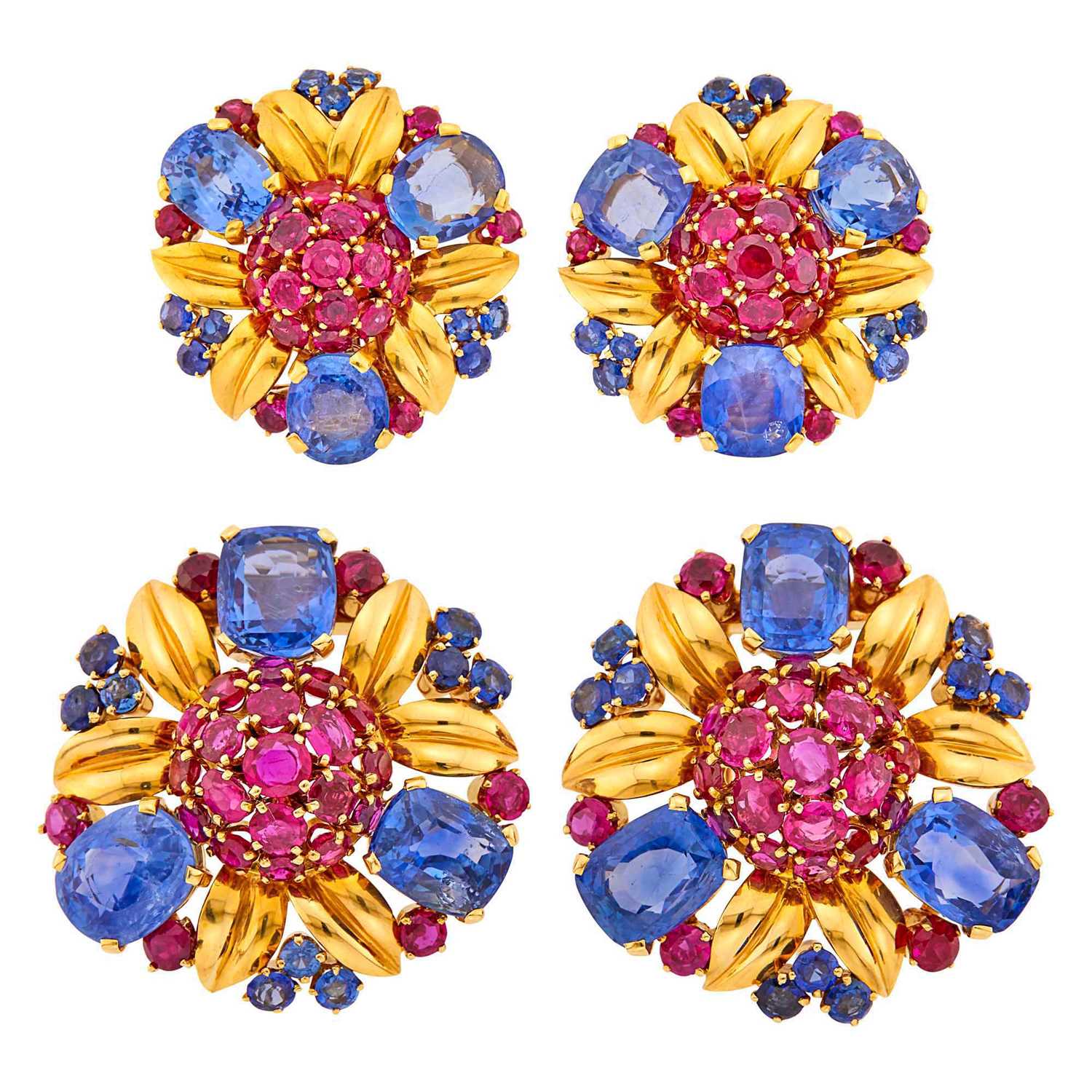 Lot 248 - Van Cleef & Arpels Pair of Gold, Sapphire and Ruby Clips and Pair of Earclips
