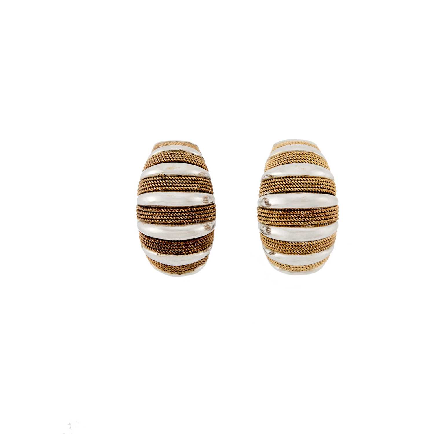 Lot 2255 - Pair of Two-Color Gold Ribbed Half Hoop Earclips