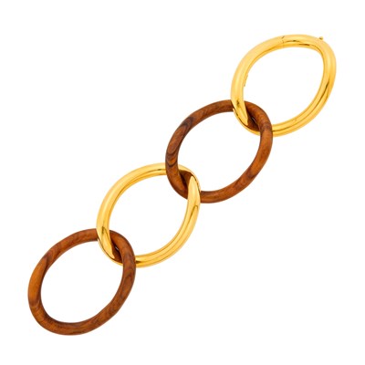 Lot 1020 - Wide Gold and Wood Oval Link Bracelet