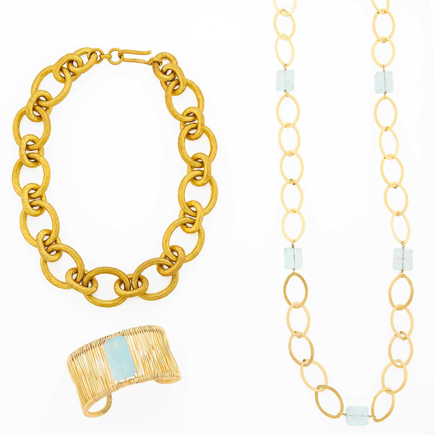 Lot 2304 - Attributed to Judith Bright Gold-Filled and Aquamarine Bead Chain Necklace and Bracelet and Costume Link Necklace