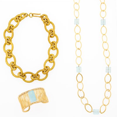 Lot 2304 - Attributed to Judith Bright Gold-Filled and Aquamarine Bead Chain Necklace and Bracelet and Costume Link Necklace