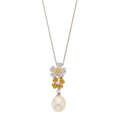 Lot 2163 - Two-Color Gold, Cultured Pearl, Colored Diamond and Diamond Pendant with Chain Necklace