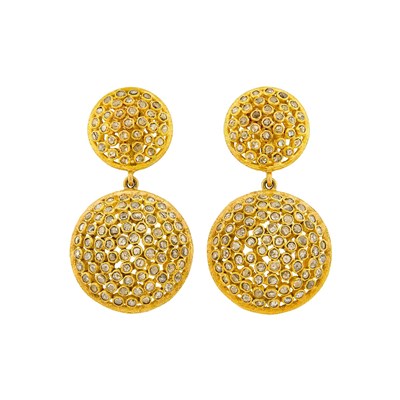 Lot 1132 - Pair of Gold and Colored Diamond Pendant-Earclips