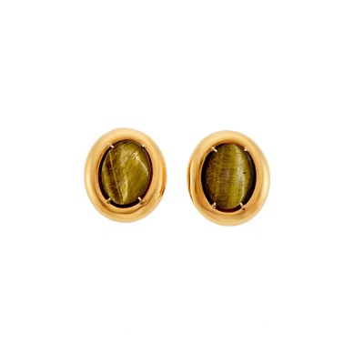 Lot 2338 - Pair of Gold and Tiger’s Eye Earclips