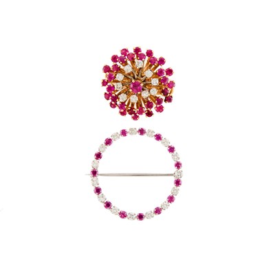 Lot 2319 - Gold, Ruby and Diamond Ring and White Gold, Ruby and Diamond Circle Brooch