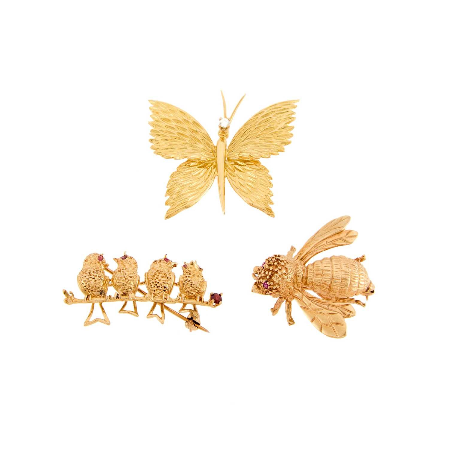 Lot 2213 - Three Gold and Diamond Insect and Bird Brooches