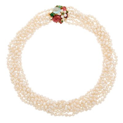 Lot 2074 - Multistrand Freshwater Biwa Pearl Necklace with Gold and Cabochon Colored Stone Clasp