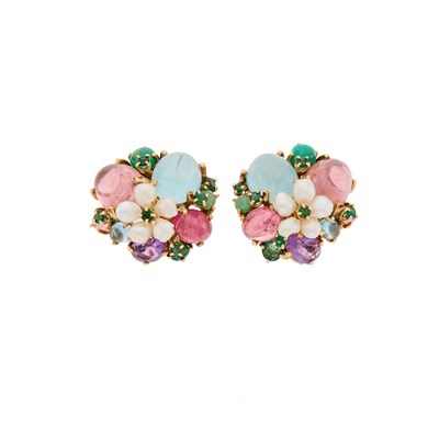 Lot 2075 - Pair of Gold, Freshwater Biwa Pearls and Cabochon Colored Stone Cluster Earclips