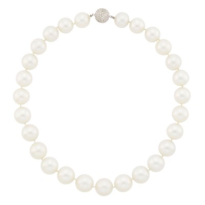Lot 1110 - South Sea Cultured Pearl Necklace with White Gold and Diamond Ball Clasp