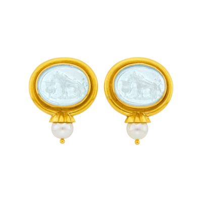 Lot 74 - Elizabeth Locke Pair of Gold, Blue Glass Intaglio, Mother-of-Pearl and Cultured Pearl Earclips
