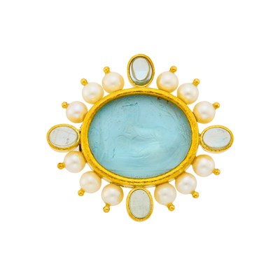 Lot 76 - Elizabeth Locke Gold, Carved Blue Glass Intaglio, Mother-of-Pearl, Cultured Pearl and Cabochon Aquamarine Pendant Clip-Brooch
