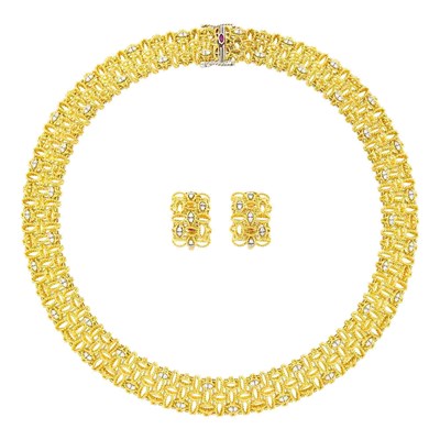 Lot 8 - Roberto Coin Gold and Diamond Mesh Necklace and Pair of Half-Hoop Earclips